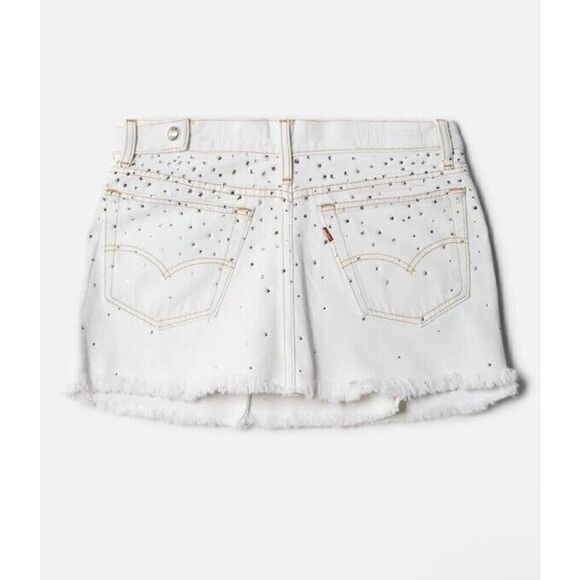Re/done & PAM Levis White Denim Crystal Denim Wrap Mini Skirt NWT Sz 25 $495 - Picture 5 of 12